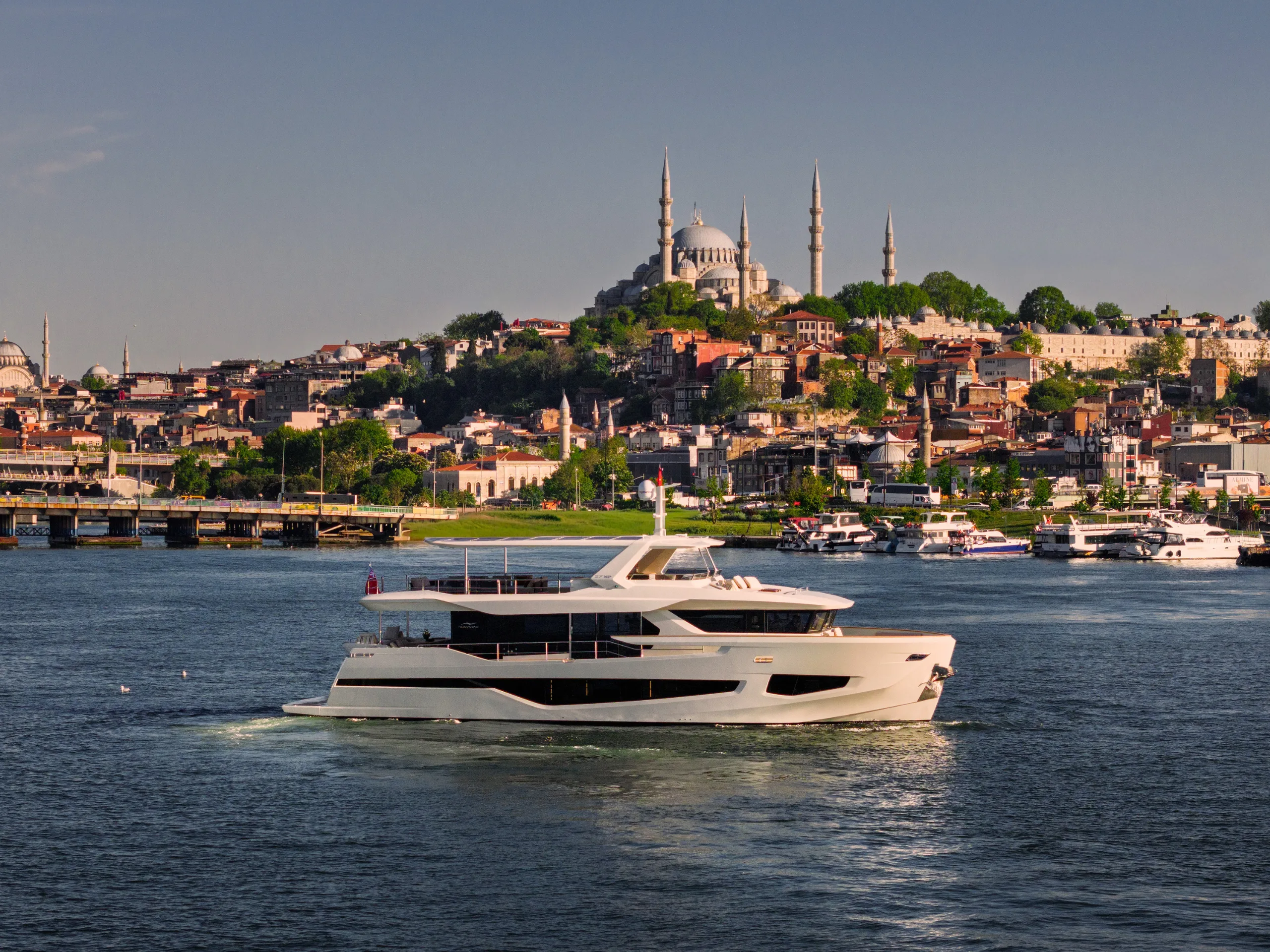 Numarine 27XP explorer yacht under way on the Golden Horn, Istanbul
